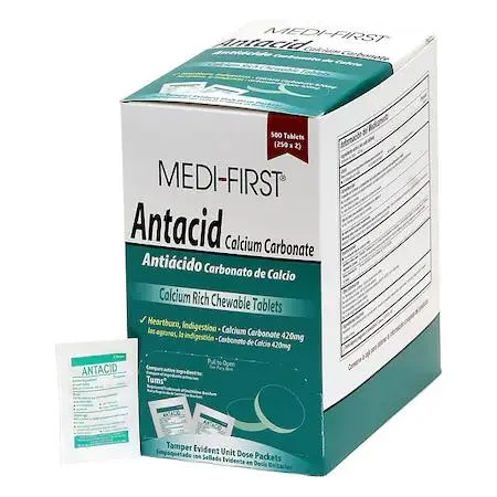 White box of 500 mint chewable antacid tablets 420mg