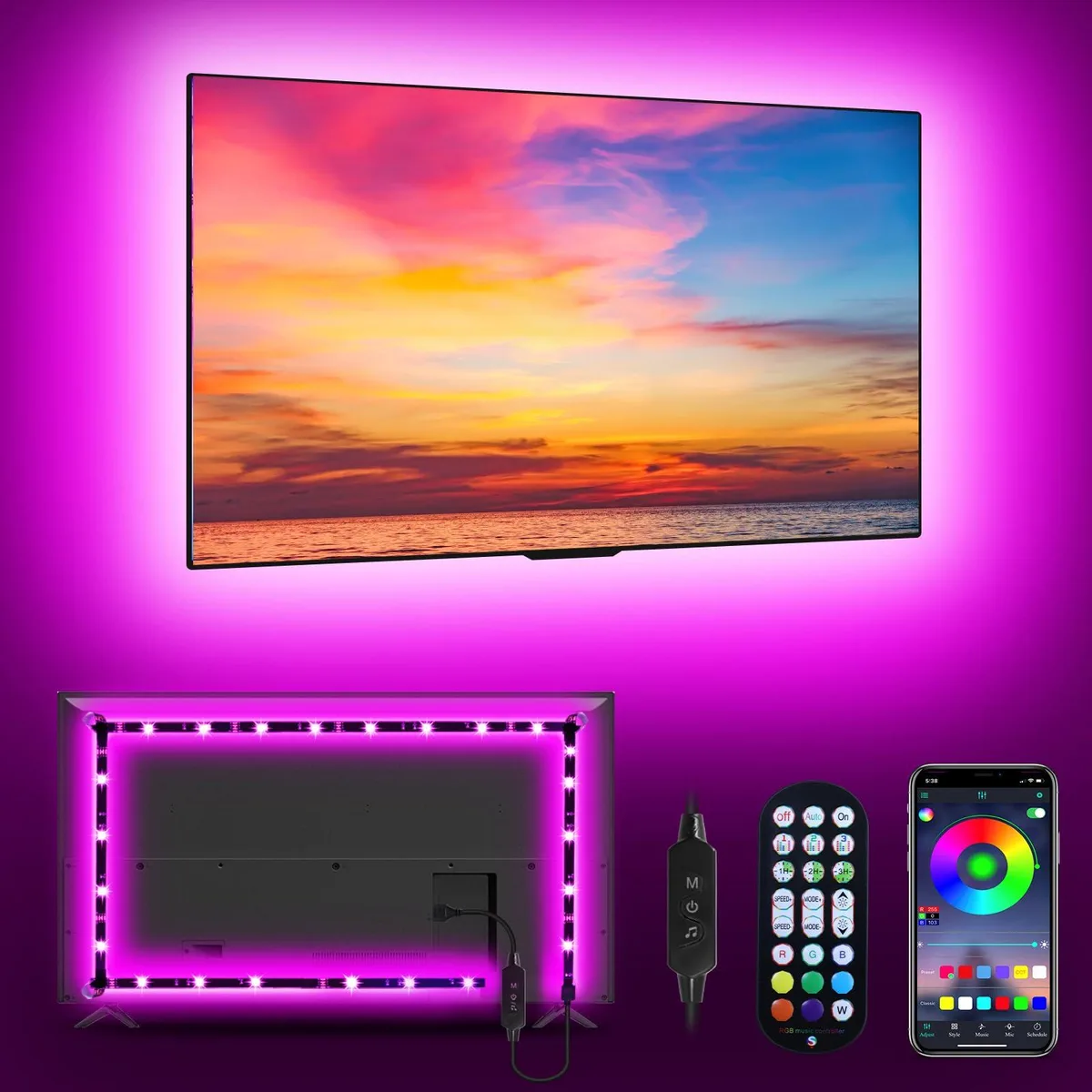 Flexible multicolor LED strip on a reel, USB powered, 9.84ft length for 32-43in TVs