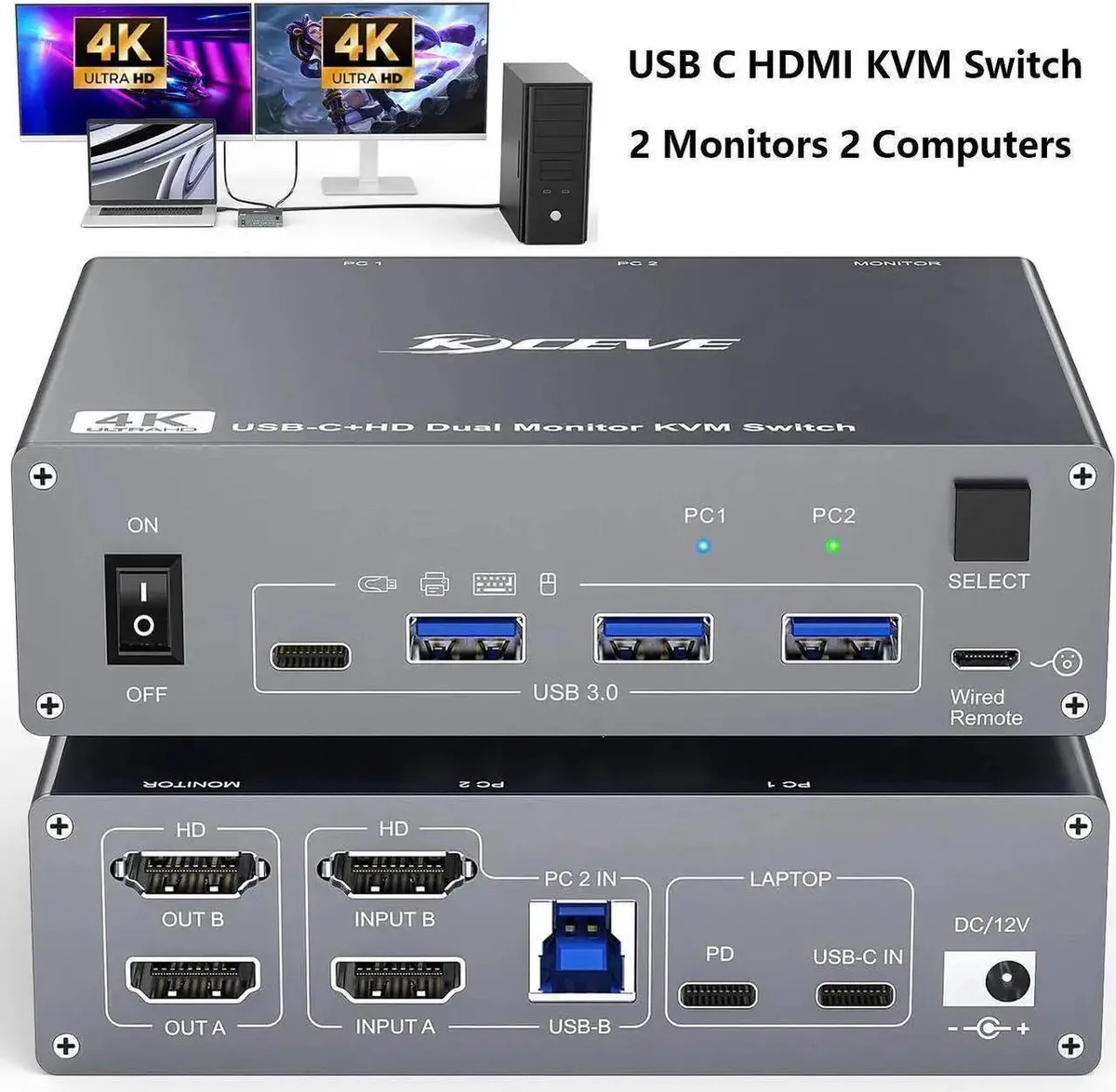 Vszerda Vszerda USB-C KVM Switch 4K 60Hz Dual Monitor 100W PD Wired Remote — product photo