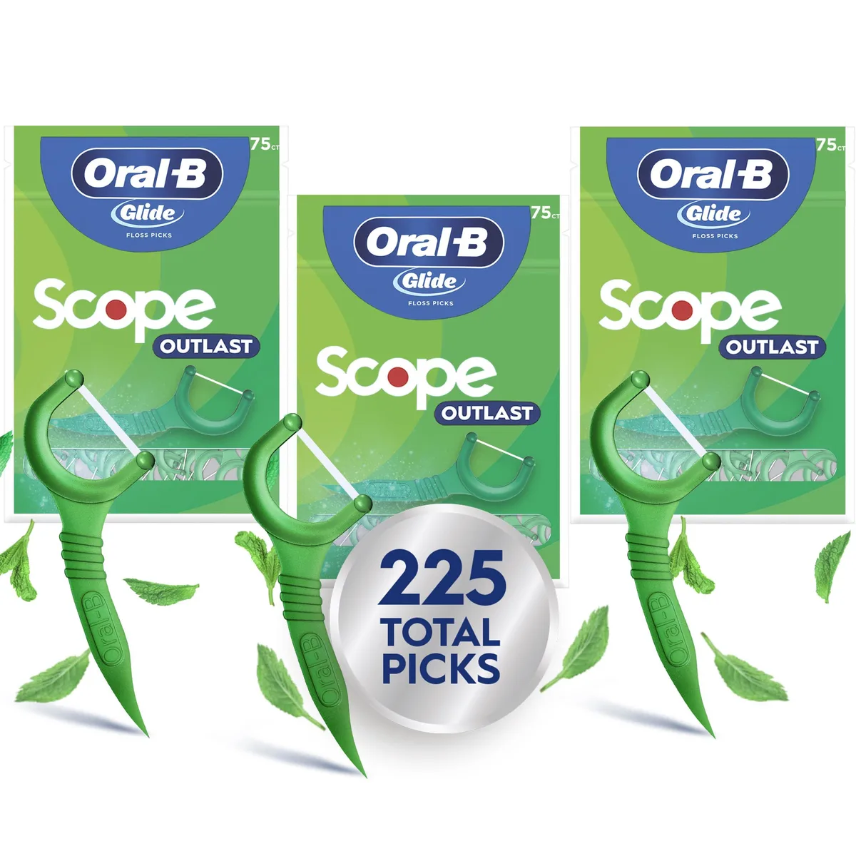 Three green boxes of floss picks, 75 count each