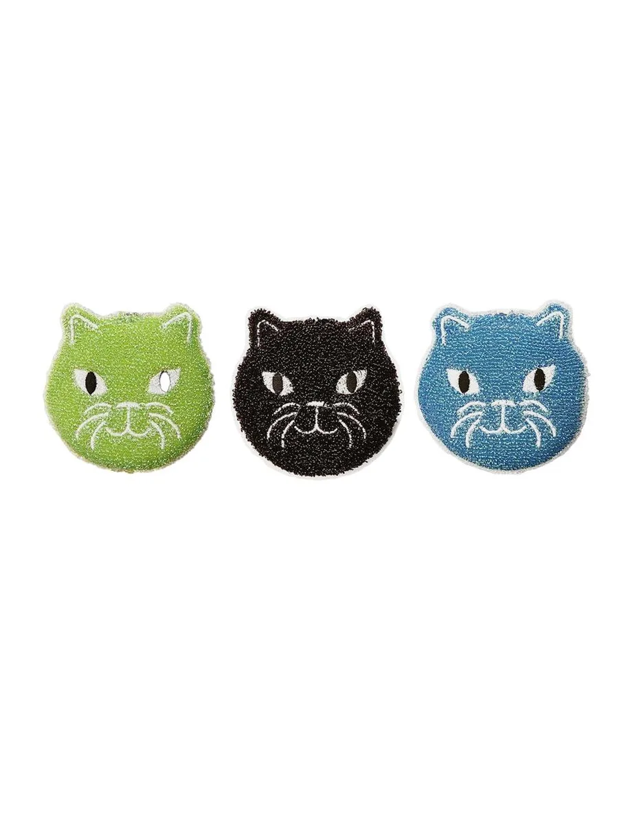 Three black cat-shaped polyurethane scrub sponges 4 by 3.75 by 0.75 inches