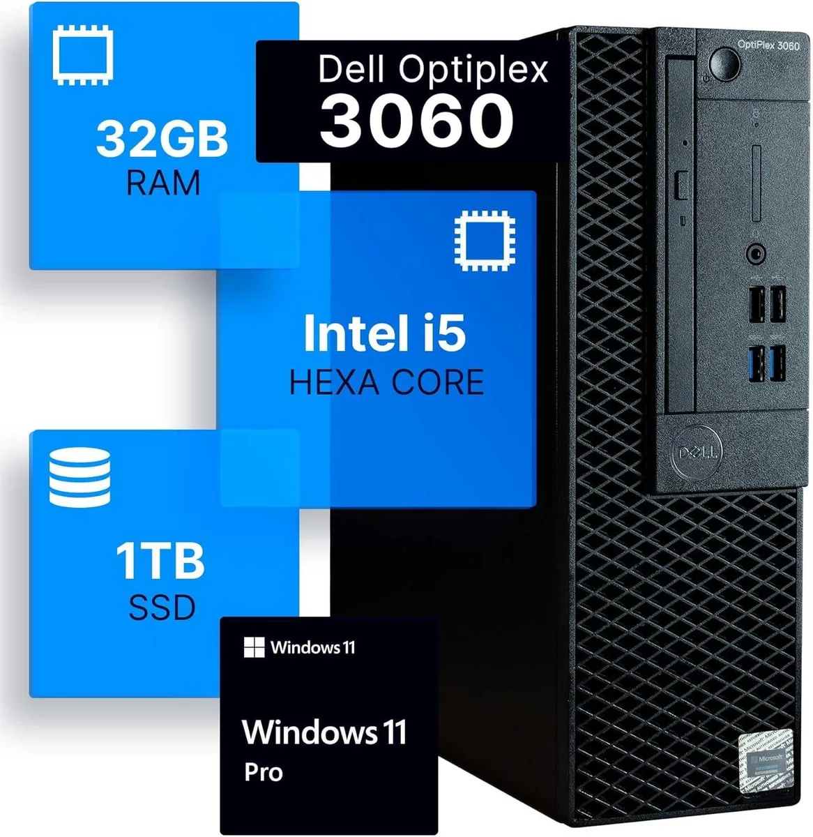 DELL DELL OptiPlex 3060 desktop PC i5-8500 3.2GHz 32GB DDR4 1TB SSD Wi-Fi 5 Windows 11 Pro — product photo