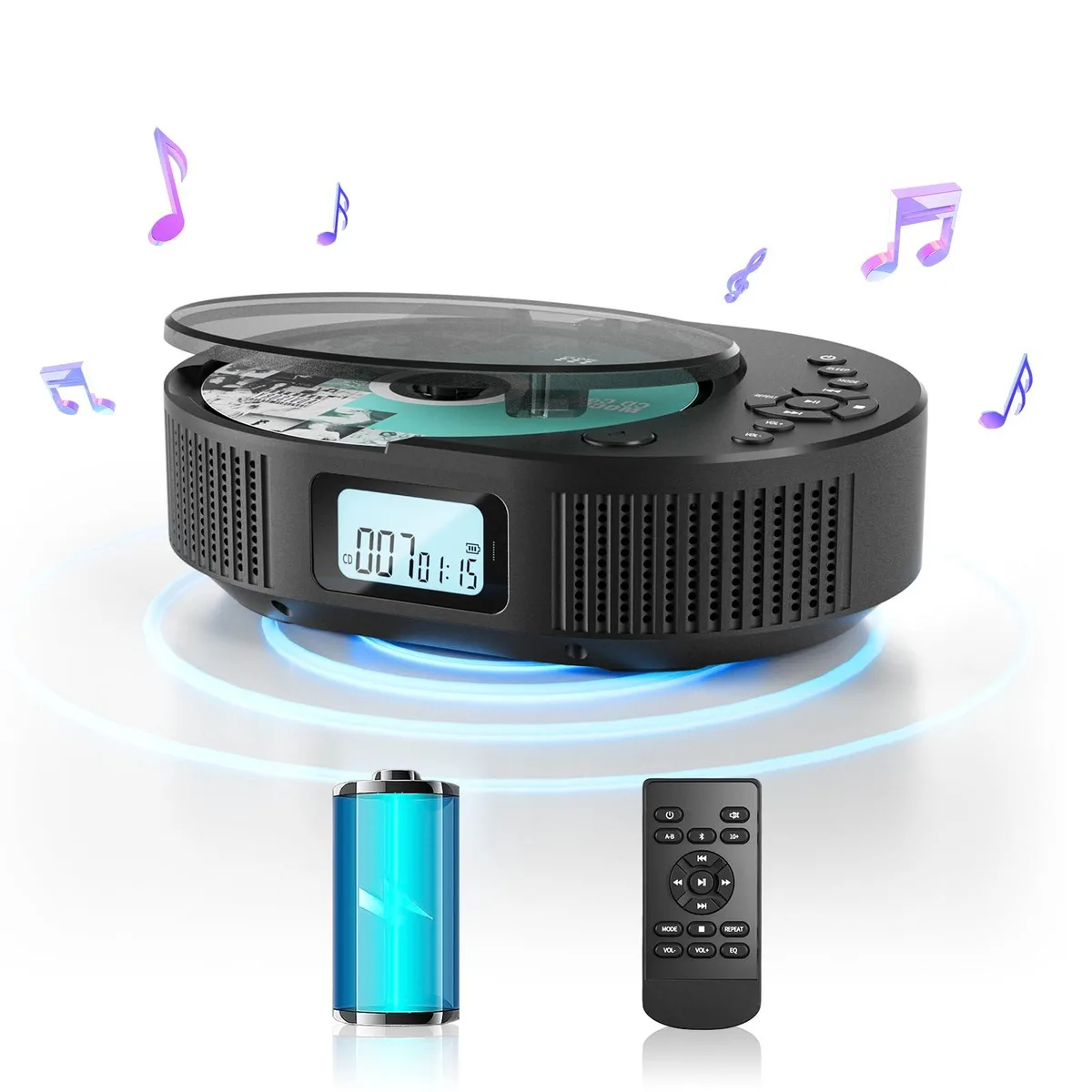 Black rectangular portable CD player with front-facing stereo speakers and integrated handle