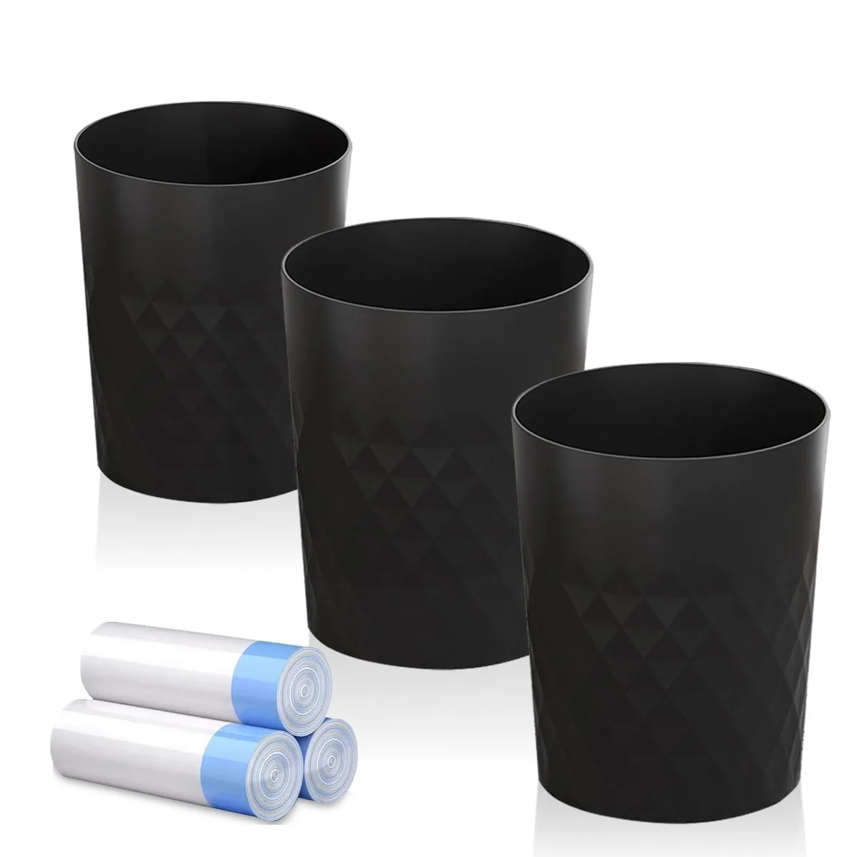 Three white round plastic waste baskets with glossy diamond pattern, 7.9 diameter x 9.8 height