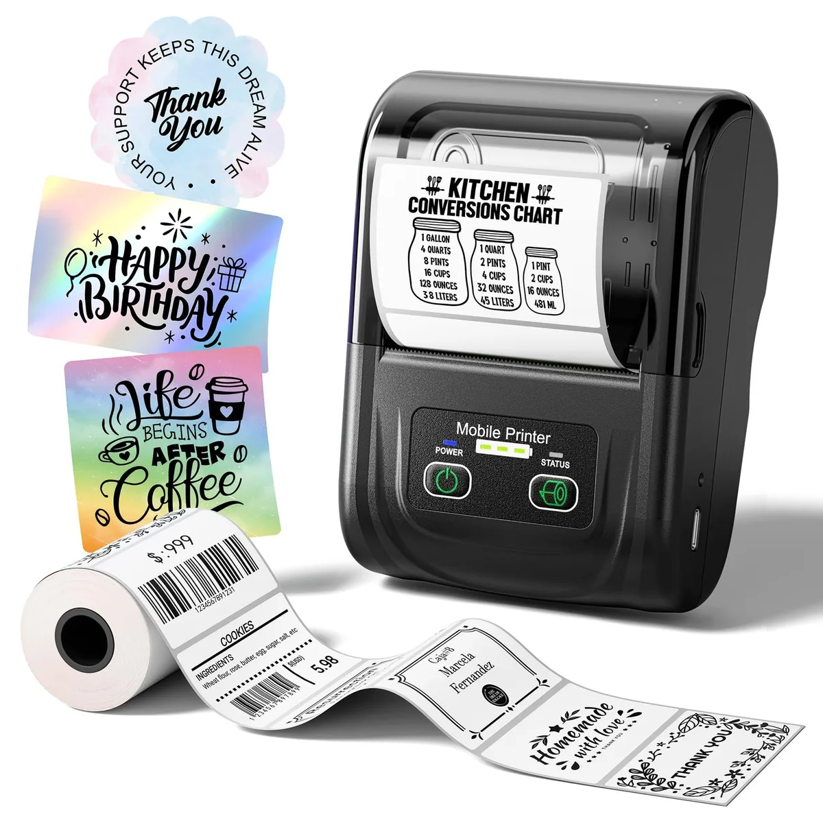 Compact white rectangular thermal label printer with rounded edges and a dark slot for label output