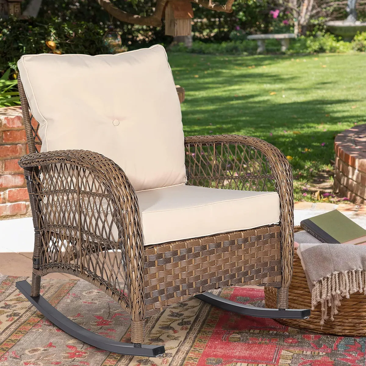 MEETWARM MEETWARM Outdoor Wicker Rocking Chair Beige Patio Furniture — product photo