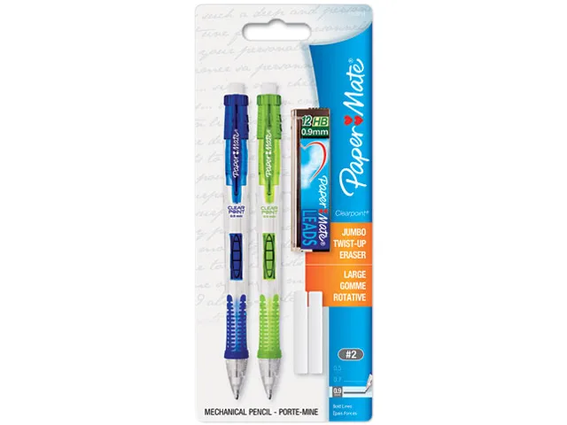 Two clear-barrel mechanical pencils with rubber grips and side click advance