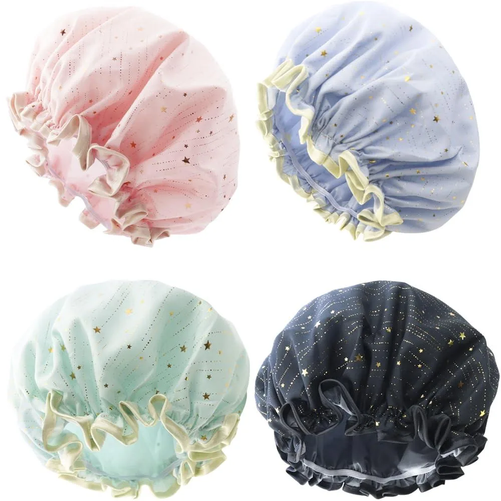 Four striped shower caps in assorted colours, polyester outer layer with EVA lining, elastic edges, 27 cm diameter