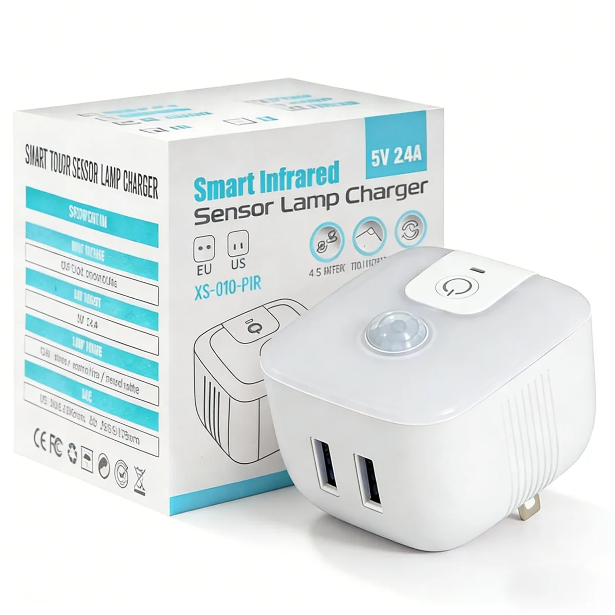 Yellow rectangular plug-in motion sensor switch with front-facing socket and sensor window