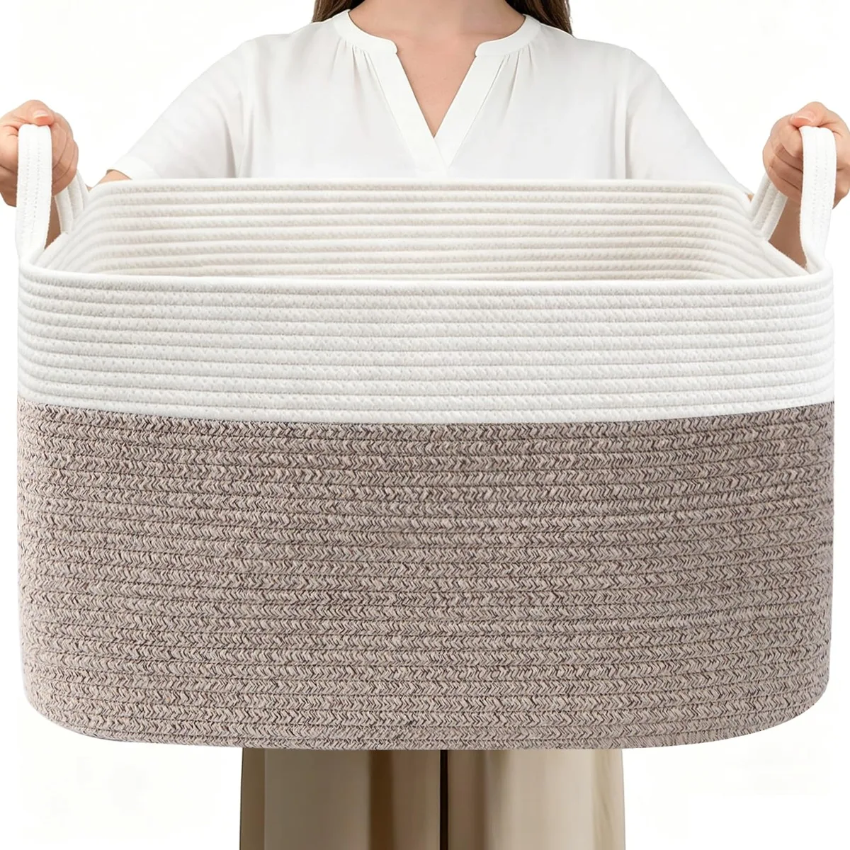 HZFTJOY 65L Laundry Tub White & Brown Cotton 21 x 16 x 12 inches — product photo