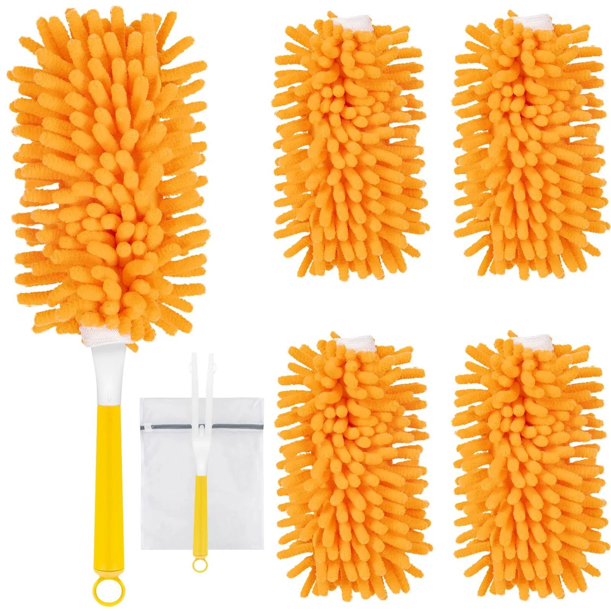 Four orange microfiber duster refills, short handle, mesh laundry bag