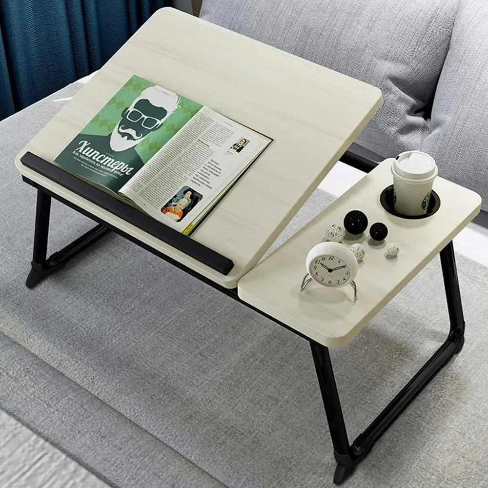 Beige foldable laptop bed tray with adjustable tilt and cup holder