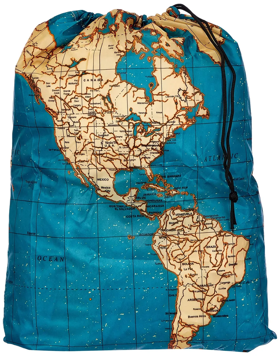 Grey polyester laundry bag with world map print, rectangular, drawstring closure, carabiner attached