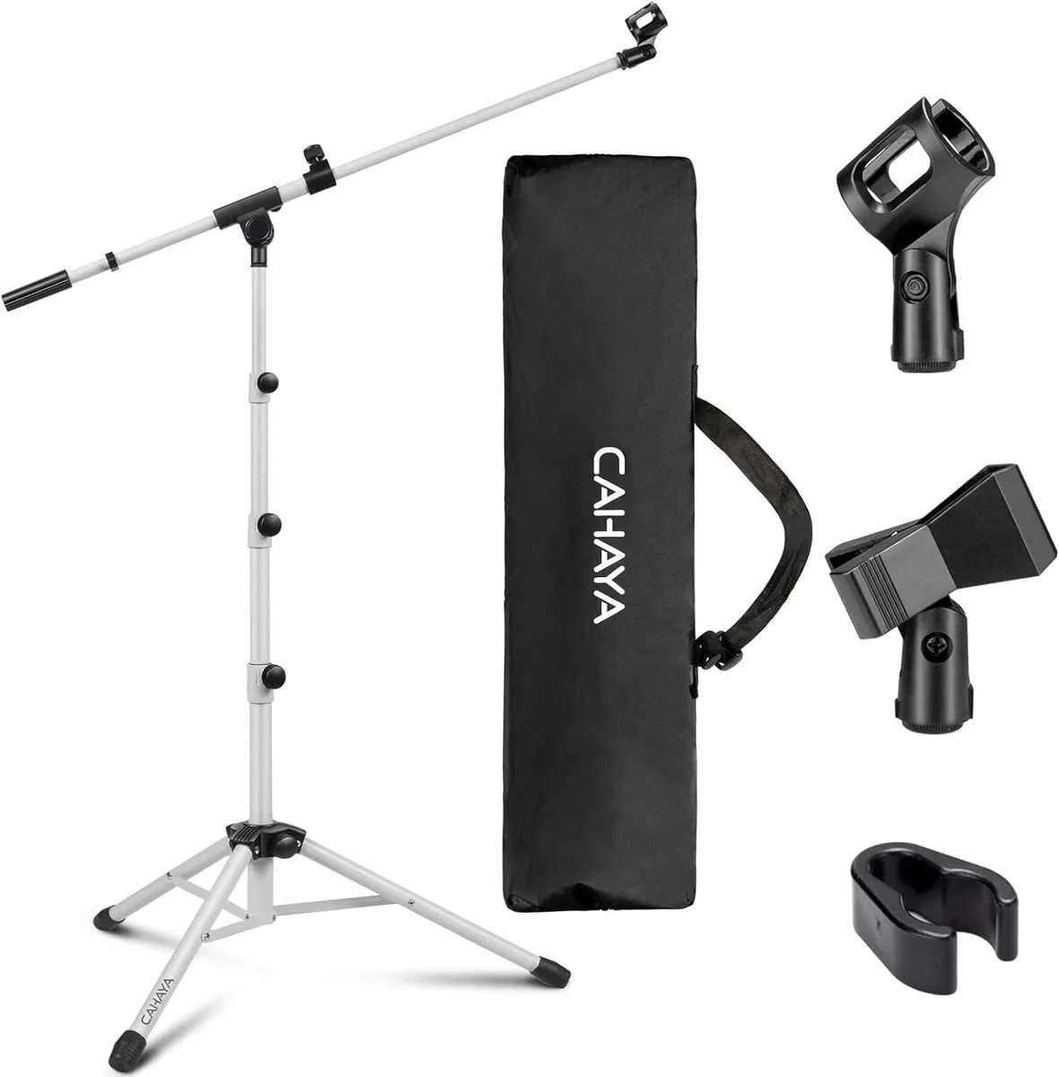 BFKK BFKK Microphone Stand Tripod Boom Arm White 25.2-62.2in 16.9-30.1in boom 360° bag 2 clips — product photo