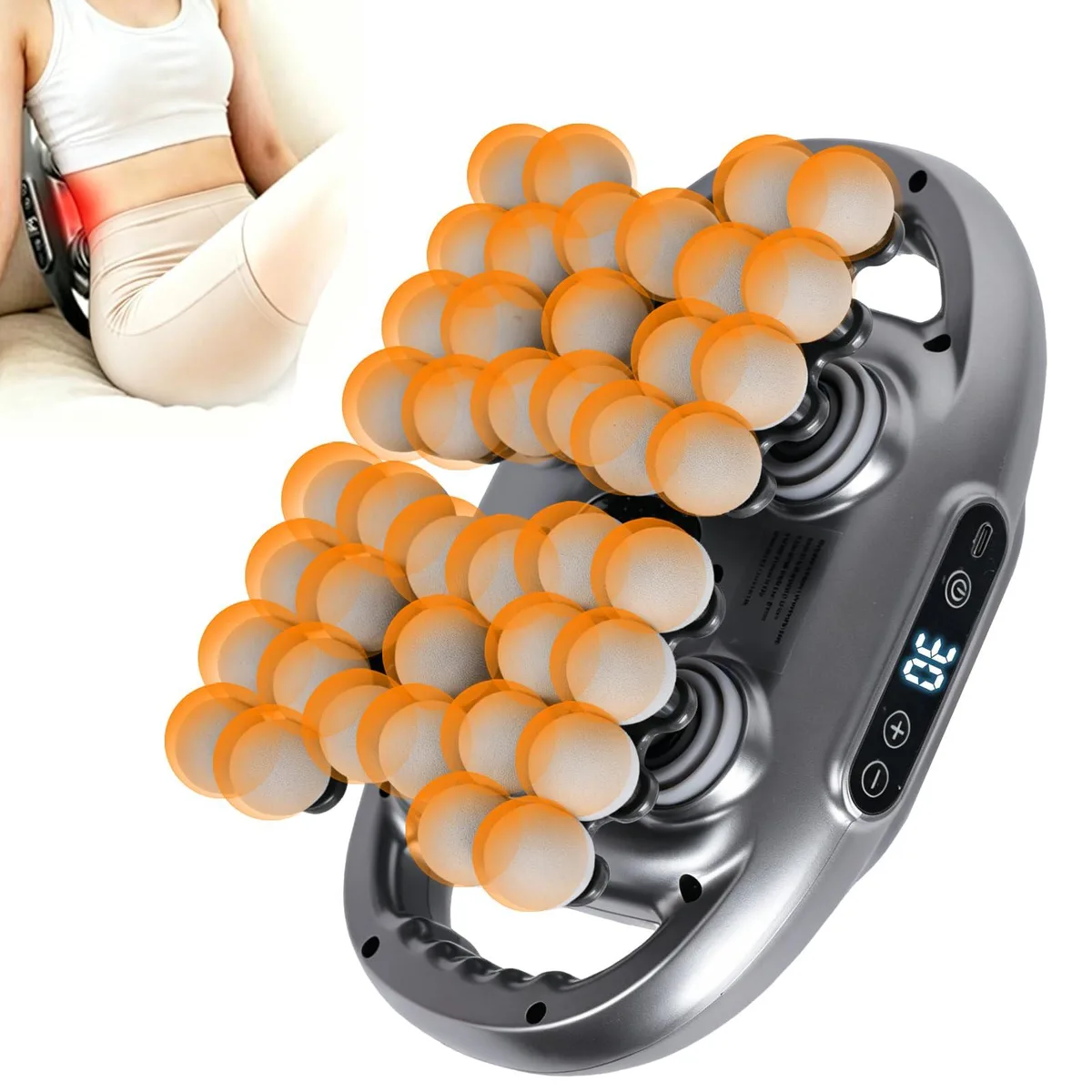 Grey handheld massage gun with 42 interchangeable heads and textured grip