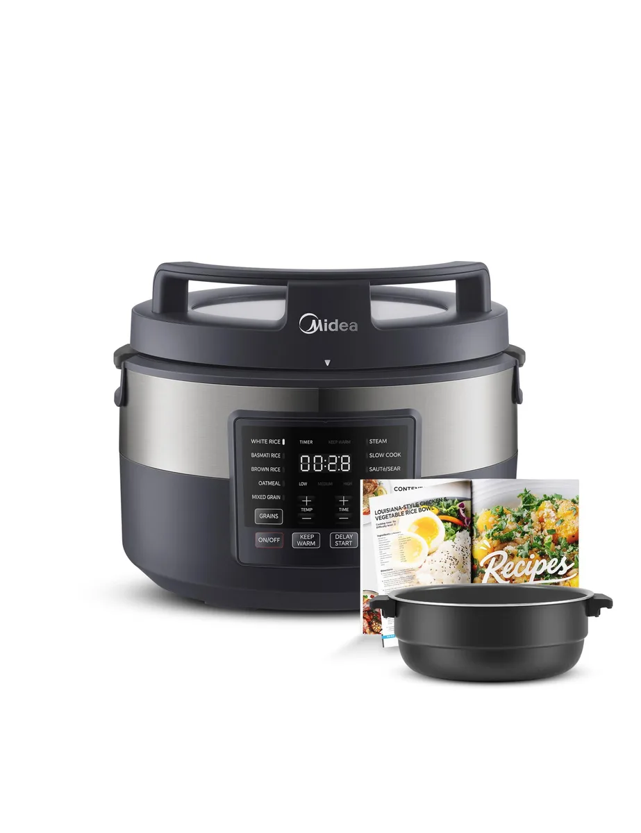 Black 8-cup rice cooker with glass lid and non-stick inner pot