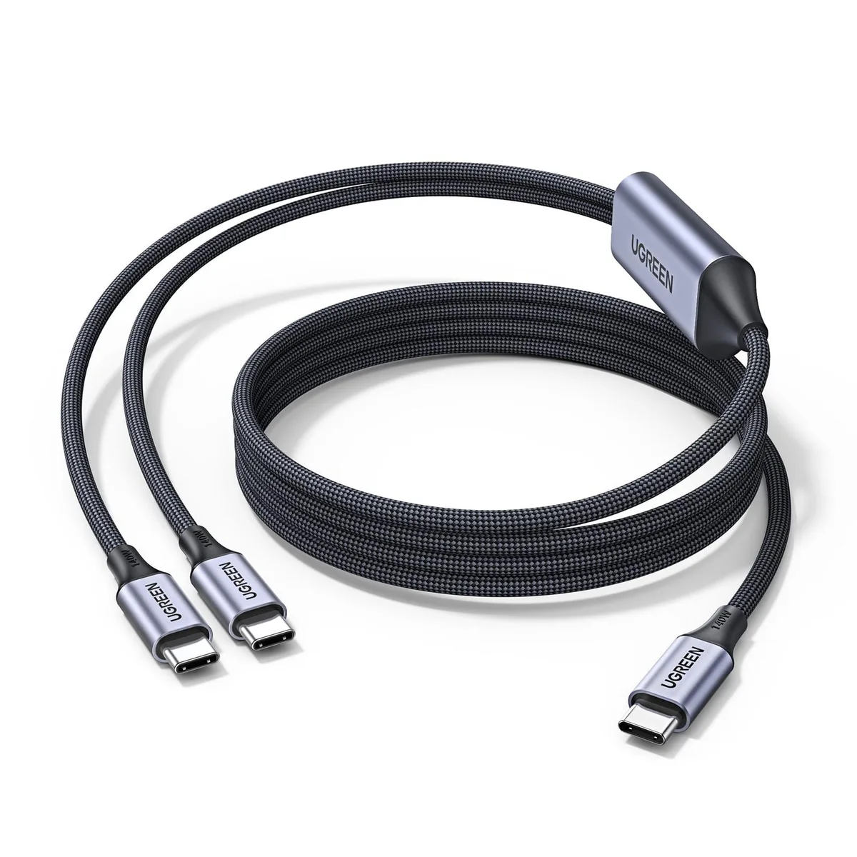 Black braided USB-C cable with dual connectors, 6.6 ft long