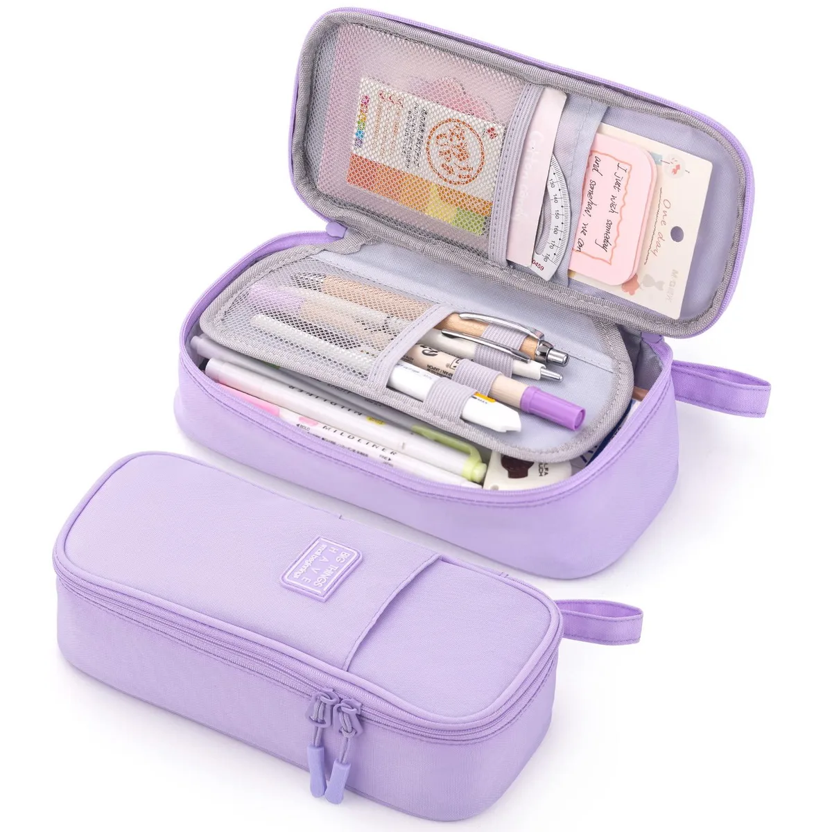 Purple polyester pencil case with front pocket and handle