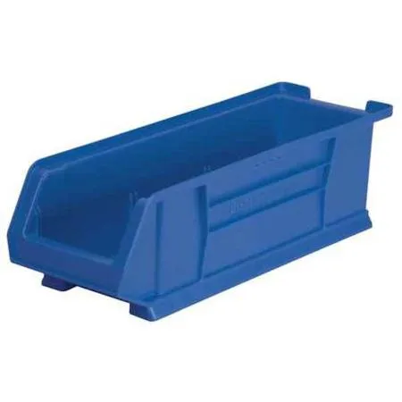 Blue plastic storage bin 23 7/8 in long with molded handle and label area
