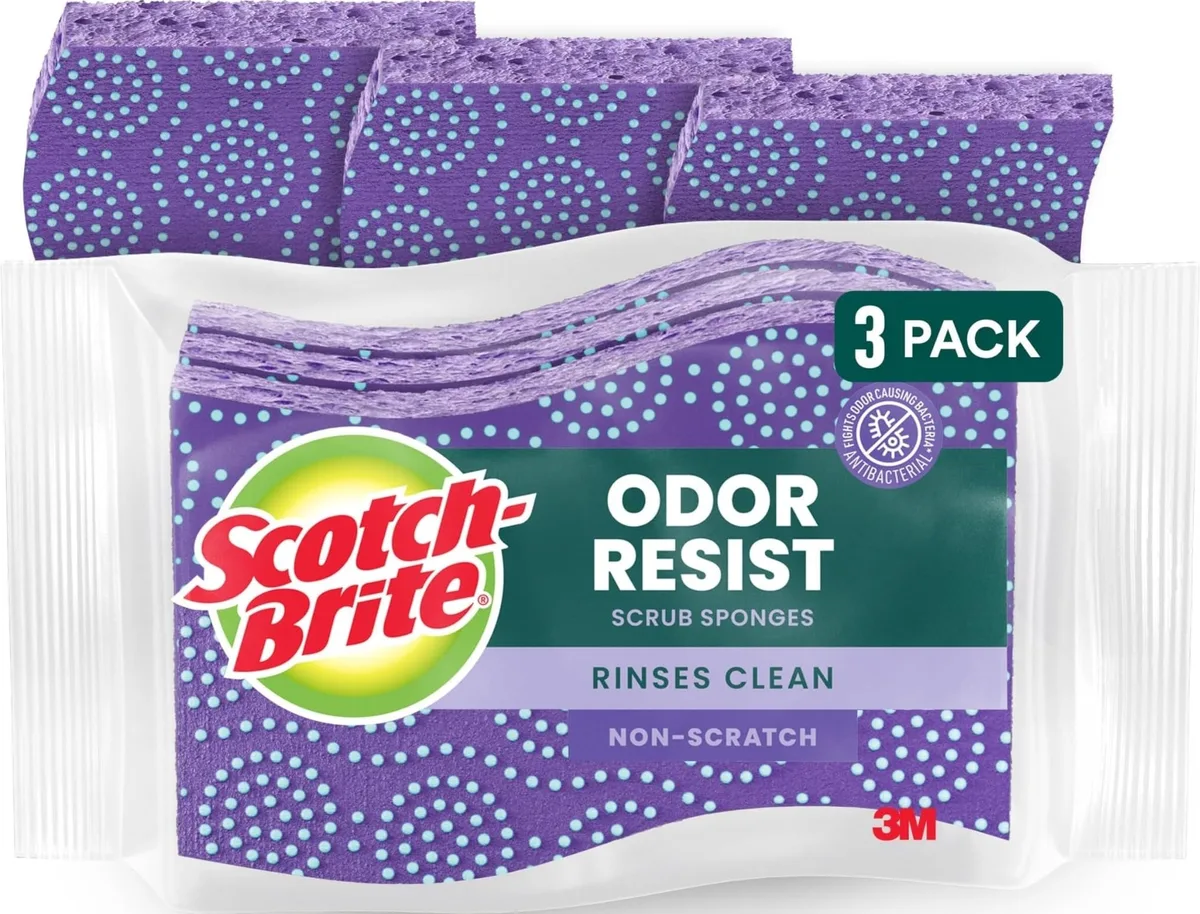 Three rectangular scrub sponges in light blue and dark blue packaging