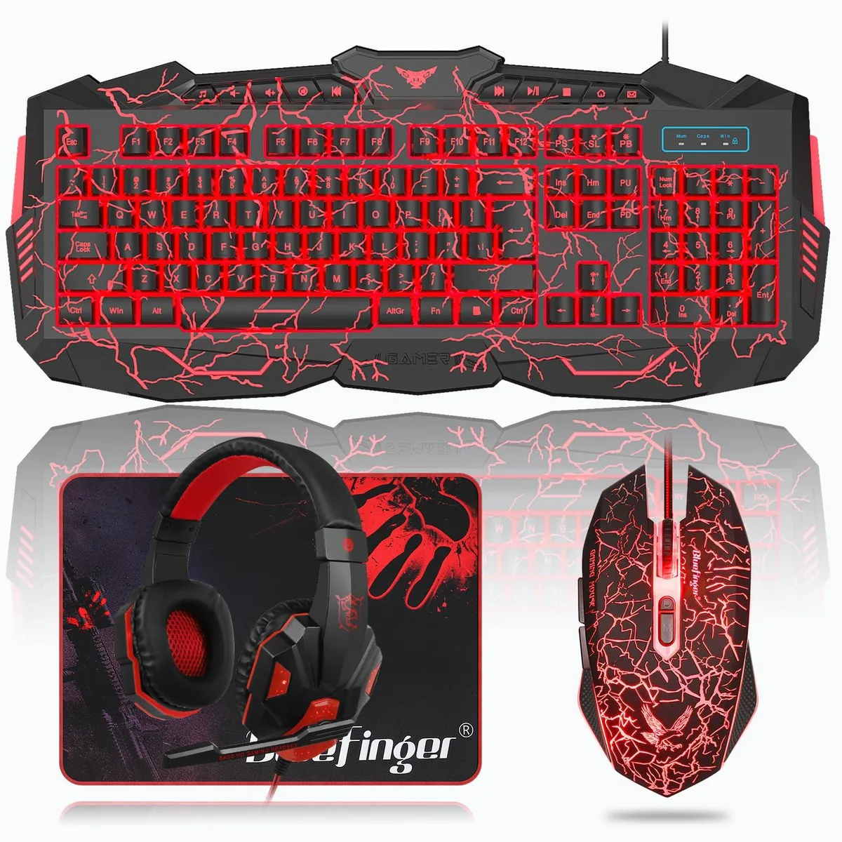  Redragon Blue1717-1 114-Key Crack Backlit Gaming Keyboard Mouse Headset Combo — product photo