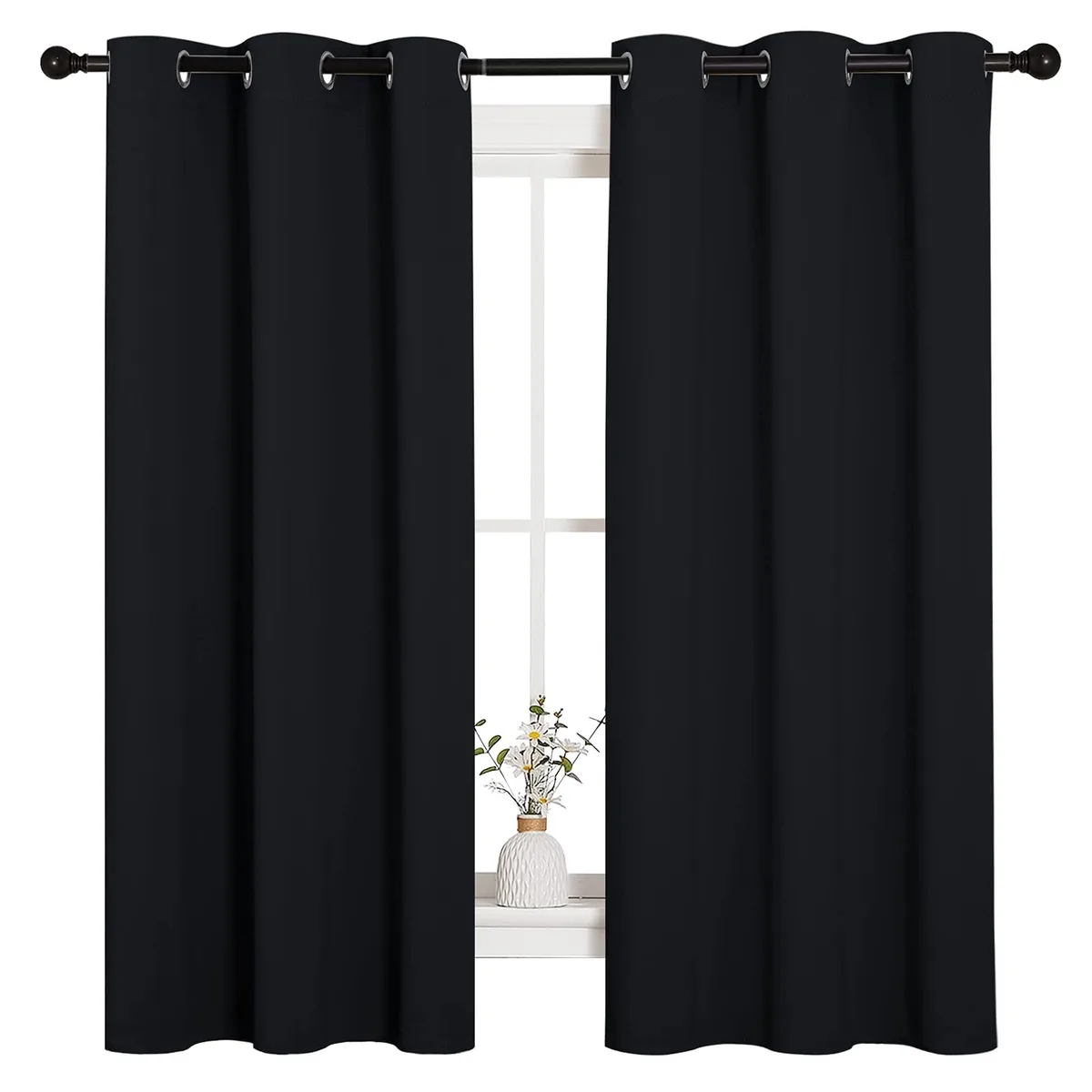 Two black polyester curtain panels with silver grommets, each 42 by 63 inches