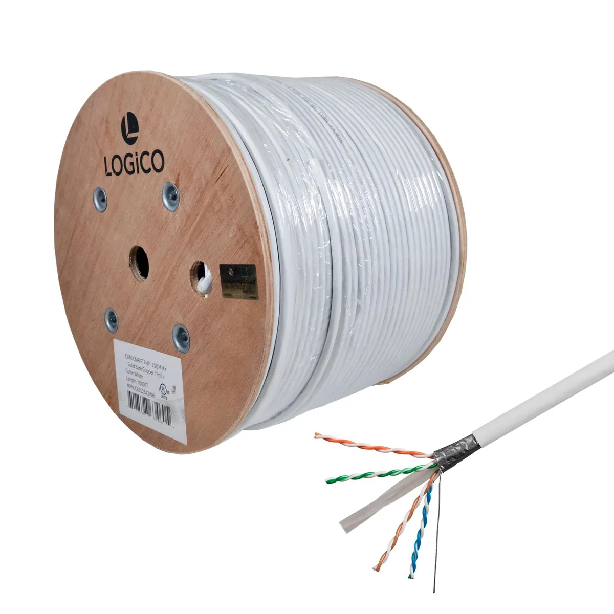 Logico Logico Cat6 FTP Shielded CMR Bulk Ethernet Cable 550MHz Pure Copper White 1000ft — product photo