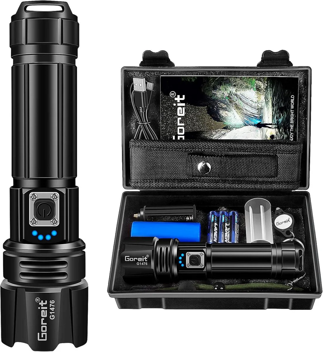 Cylindrical black flashlight with textured grip, USB port, LED power indicator, and zoomable head