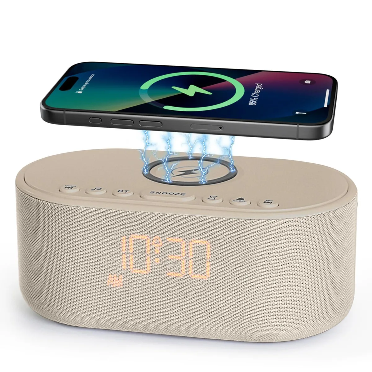 Square putty-coloured alarm clock with wireless charging pad and speaker grille