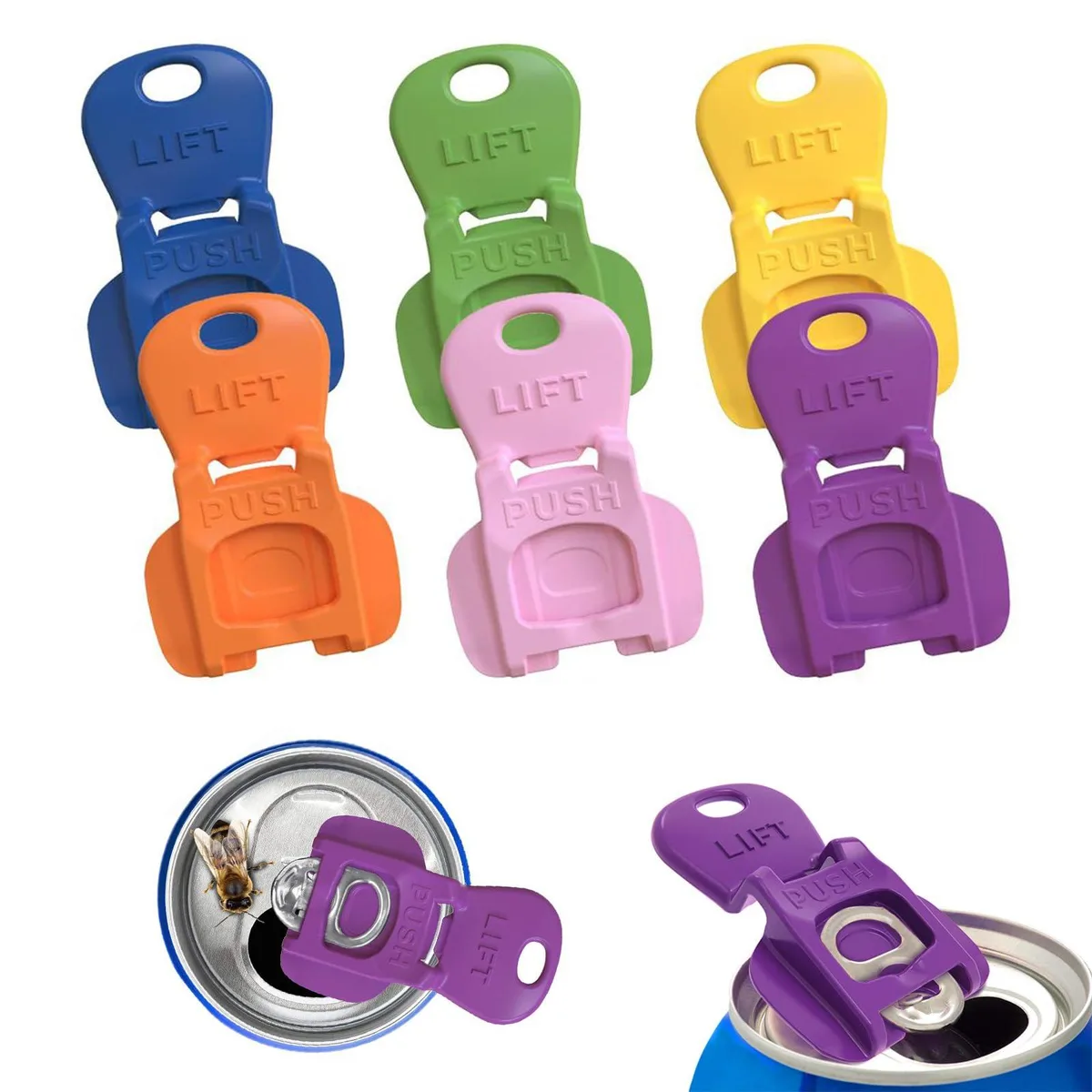Six colourful plastic can tab openers with rotating leak-proof covers