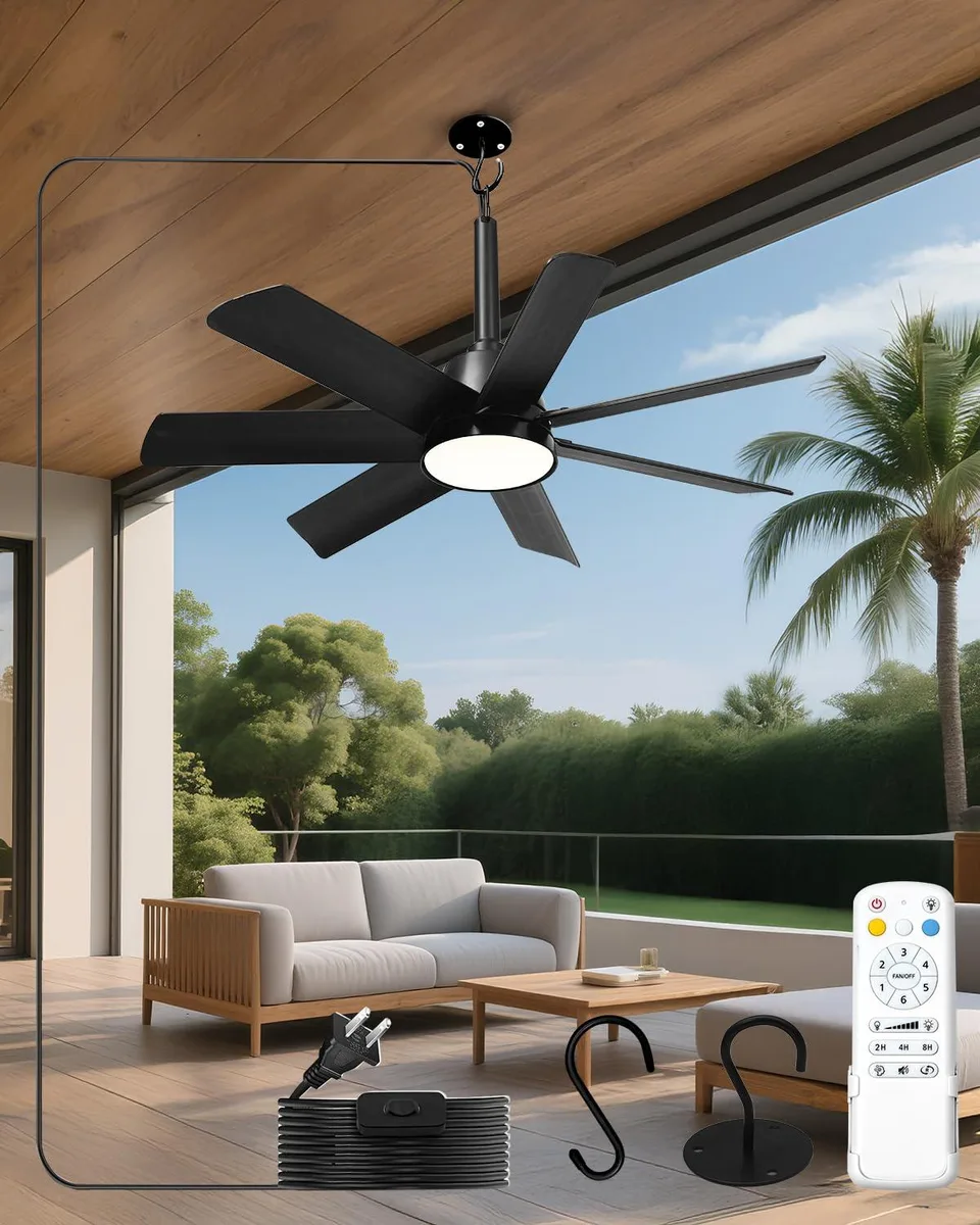 Black 28-inch outdoor ceiling fan with five silver blades, IP65 canopy, dimmable LED light and remote control