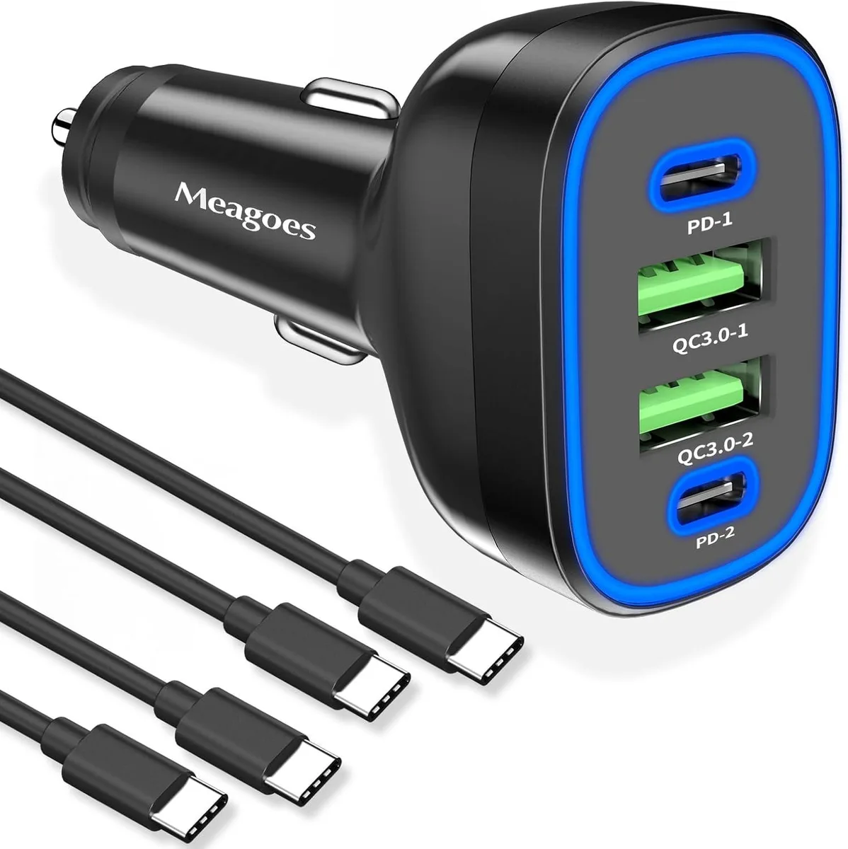 Hamzan Hamzan 90W 4-port Car Charger Dual 45W PD QC3.0 2 USB-C Cables 3.3ft — product photo