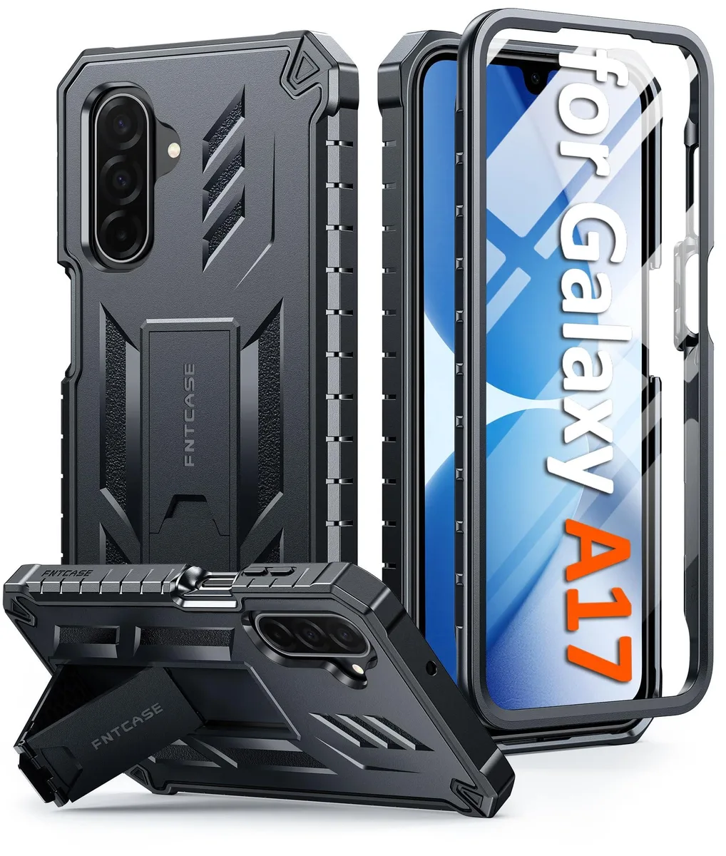 Black protective case for Samsung Galaxy A17 with built-in screen protector and kickstand