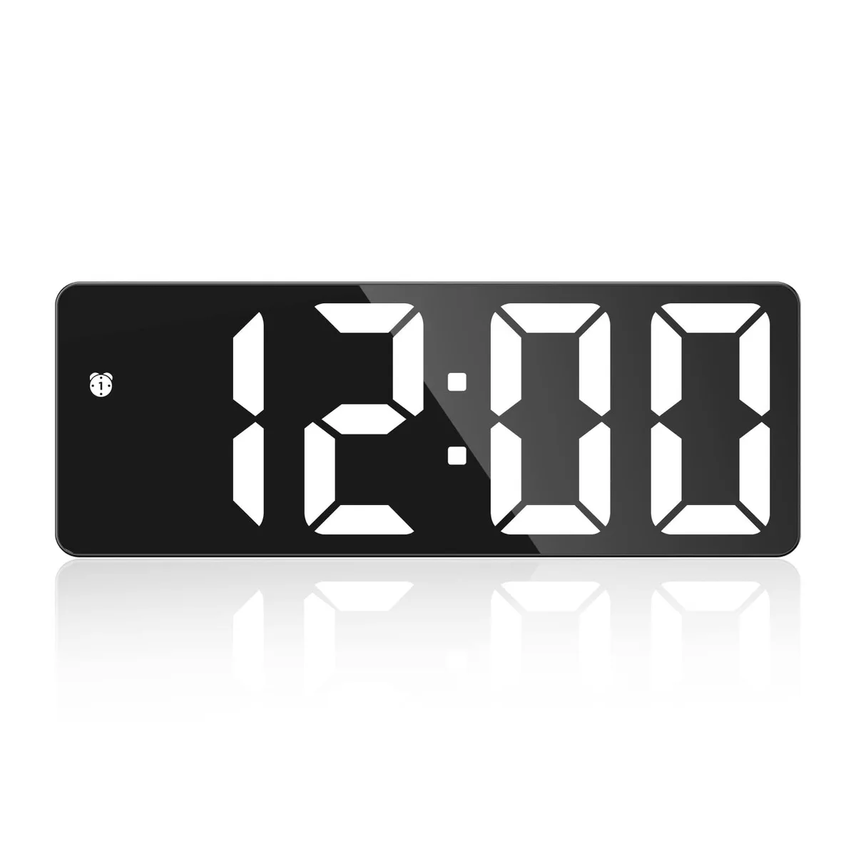 Black rectangular digital alarm clock with a 6.3 inch LED display and top touch snooze button