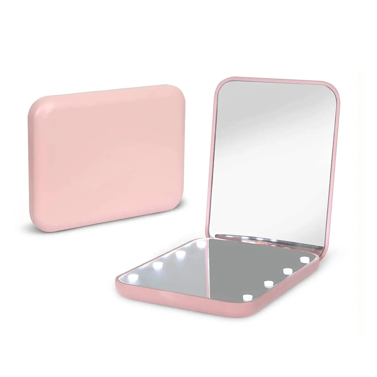 Pink square pocket mirror with hinge and LED lights