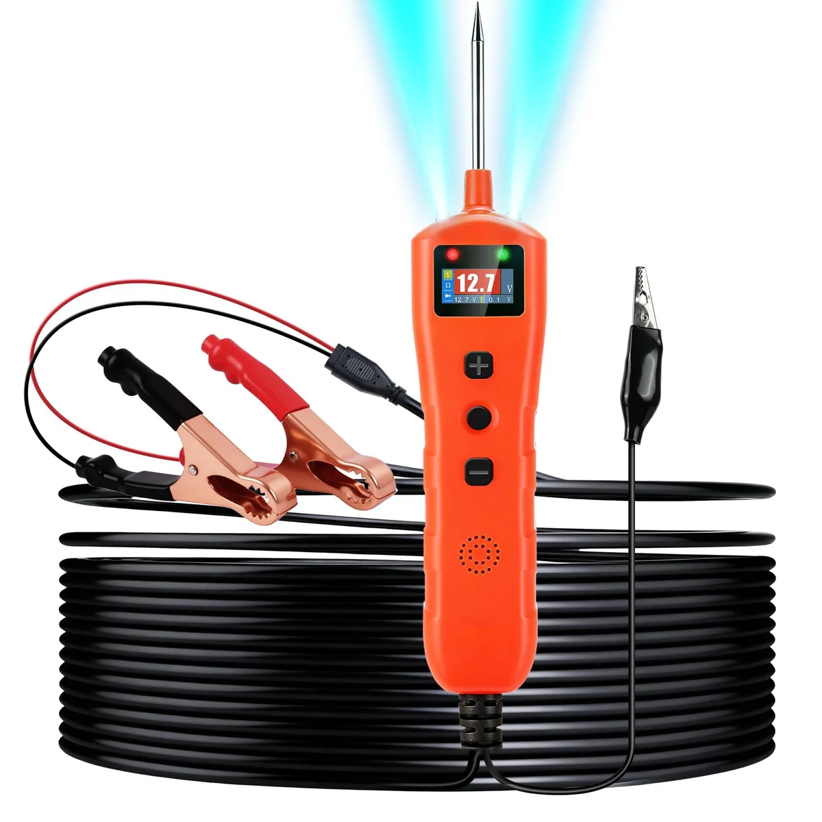 Handheld automotive circuit probe tester with alligator clip and colour digital display