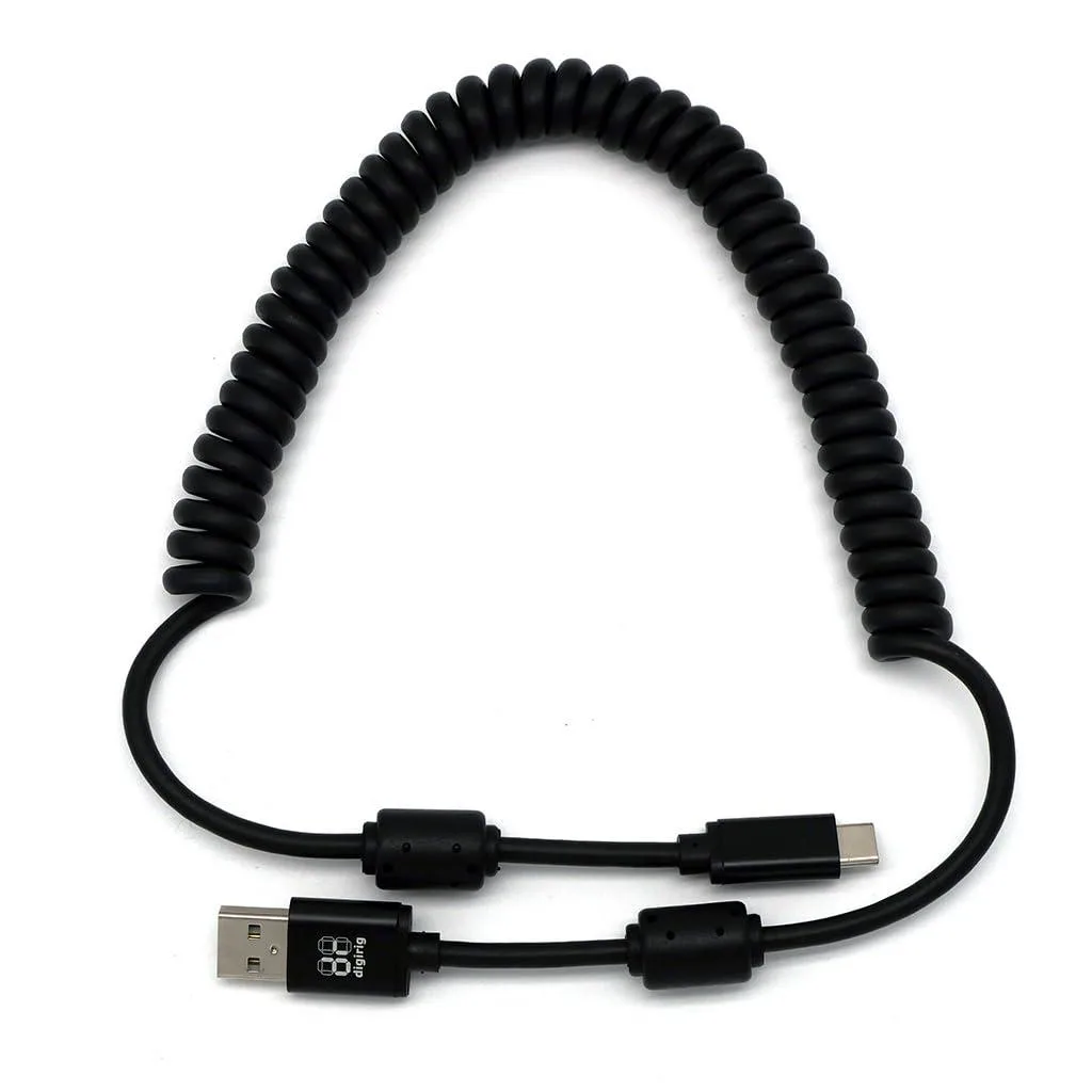Black coiled USB-A to USB-C cable with ferrite cores at both ends