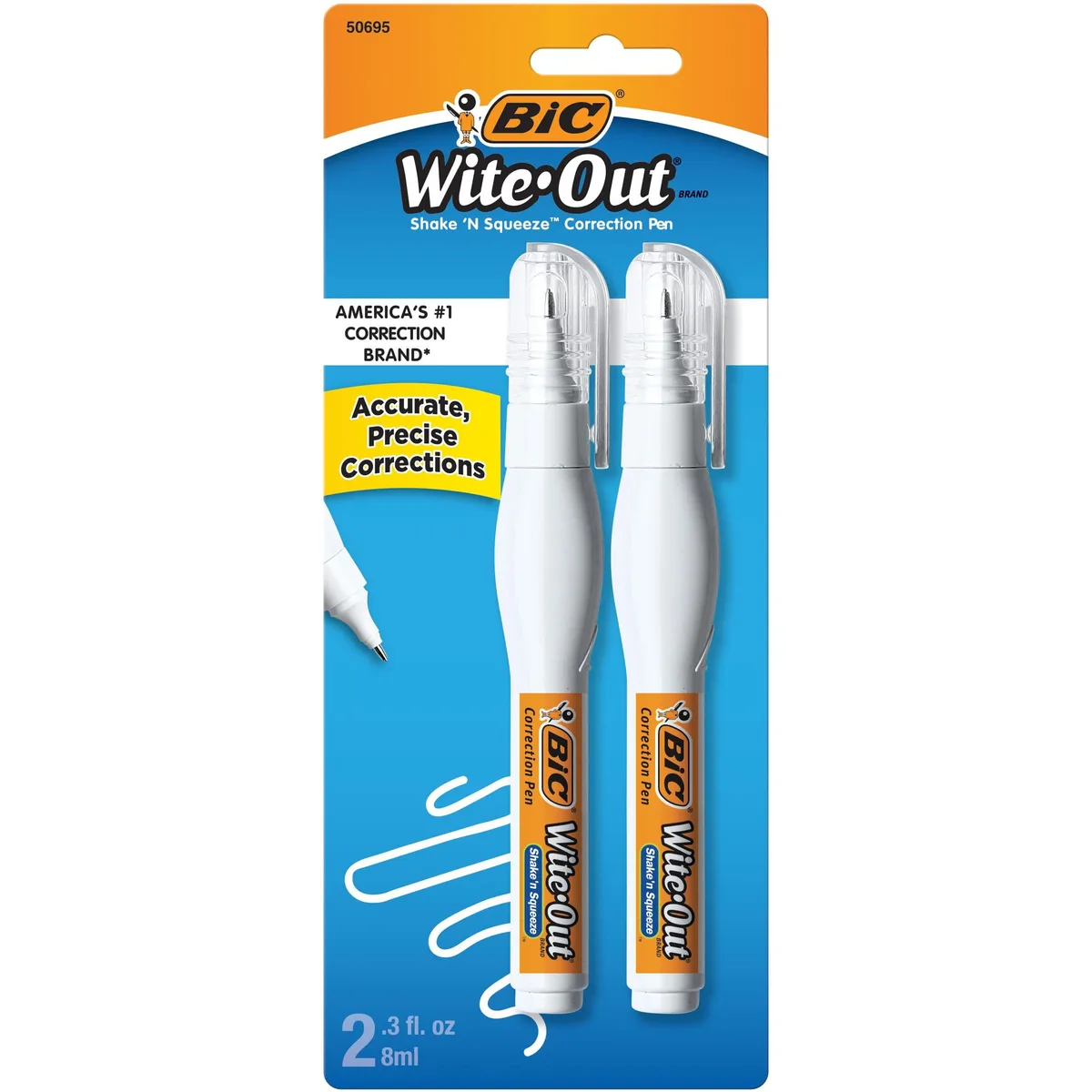 Two blue correction pens with needle tips and squeeze barrels