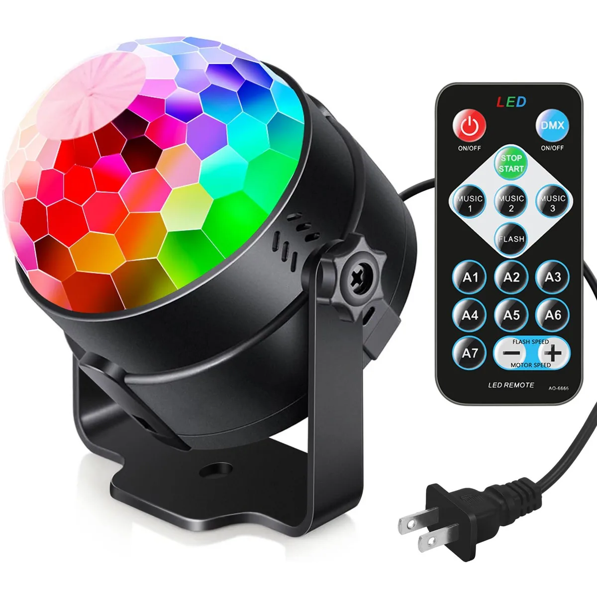 Black plastic cube disco light with two LED lenses and a remote control