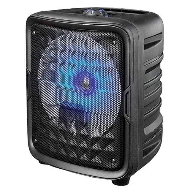 Black rectangular portable speaker with built-in handle, front grille, and control panel