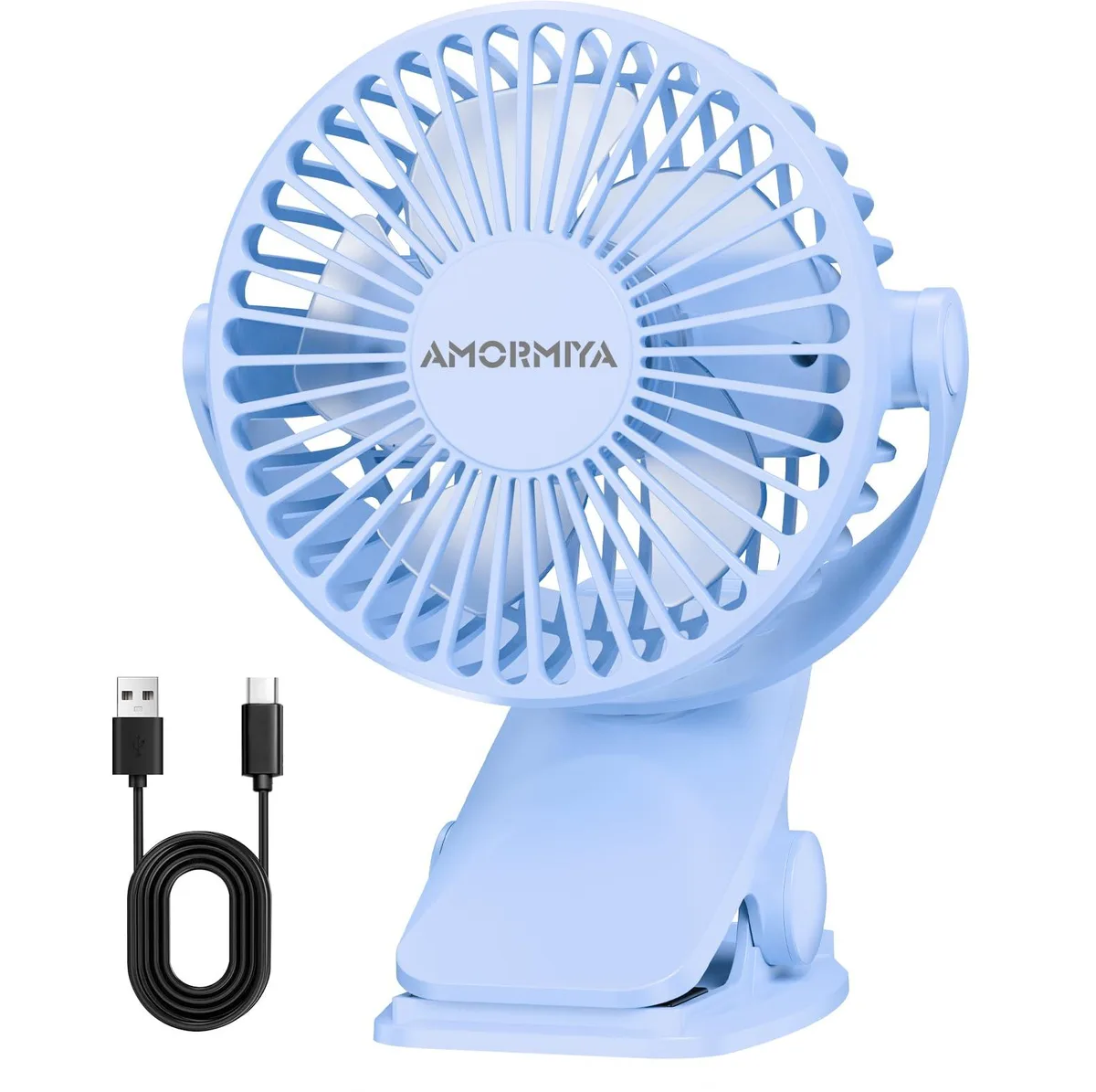 Blue clip-on rechargeable fan with five blades and a flexible neck