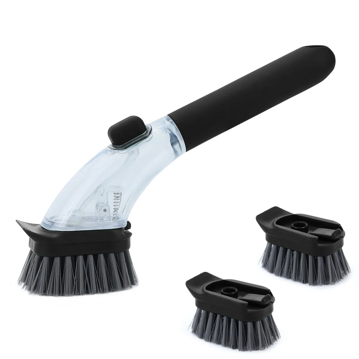 Black soap-dispensing dish brush with clear reservoir, replaceable nylon head and hanging loop