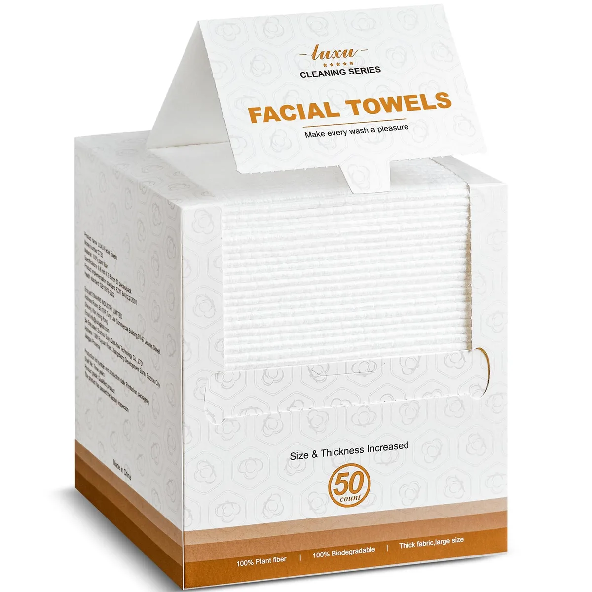Square white disposable face towel stack, 50 count, 9.8 inch sheets