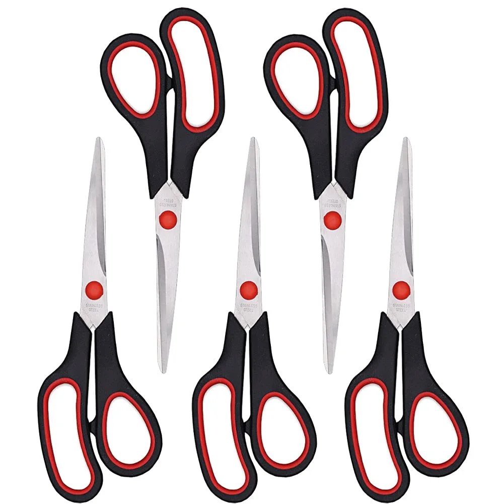 Five black 8.5 inch scissors with comfort-grip handles