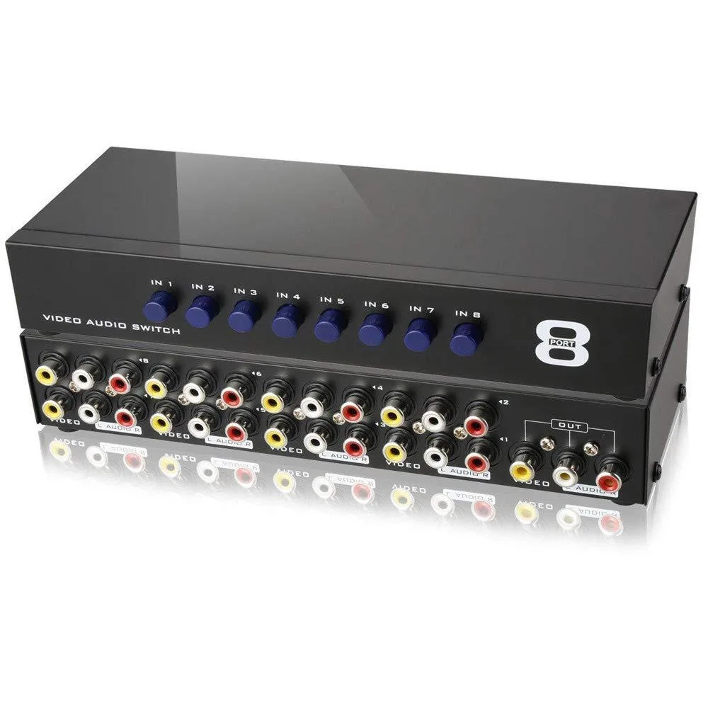 Black metal box with eight RCA input ports and one output port, push-button selector on front