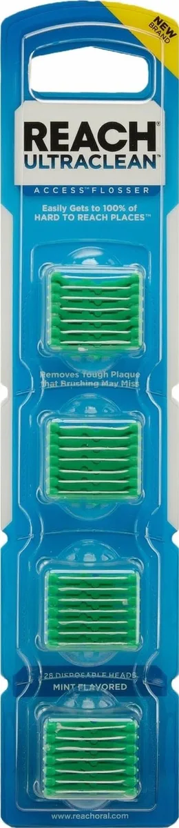 Green plastic box containing 28 mint flosser refill heads
