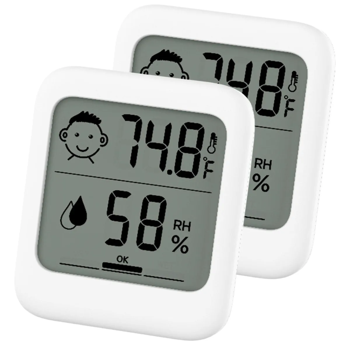 Two white rectangular digital thermometer hygrometers with LCD screens and comfort face icons