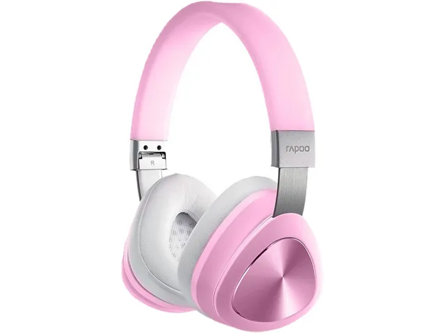 Pink foldable over-ear Bluetooth headset with leather ear pads and metal-look finish