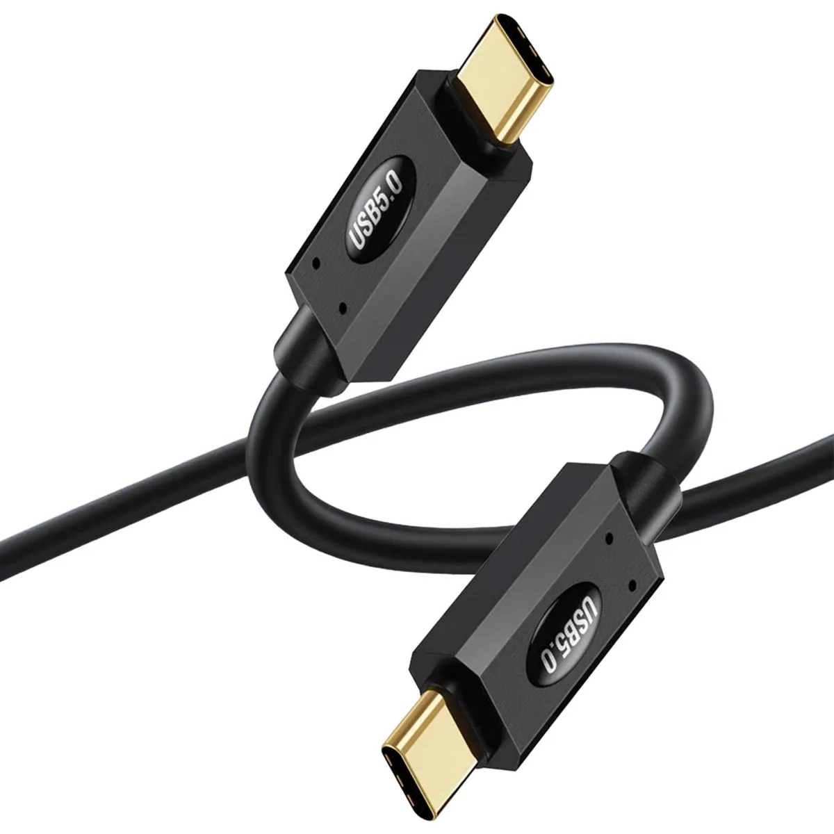 Short Thunderbolt 5 cable, USB-C male-to-male connectors, dark braided finish