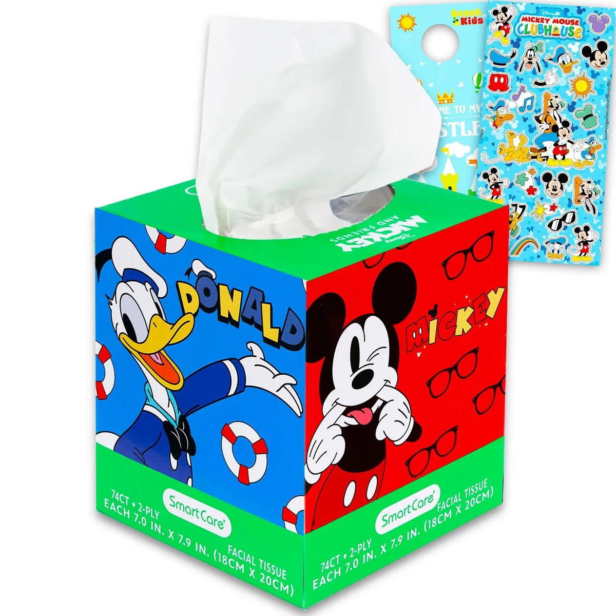 White rectangular tissue box with Mickey Mouse graphics, 74 2-ply sheets